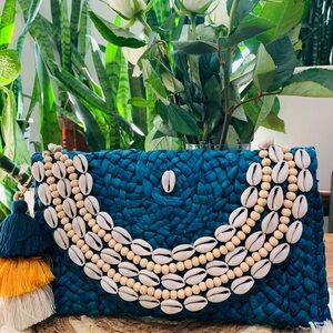 Handcrafted Teal Clutch with Shell Accents